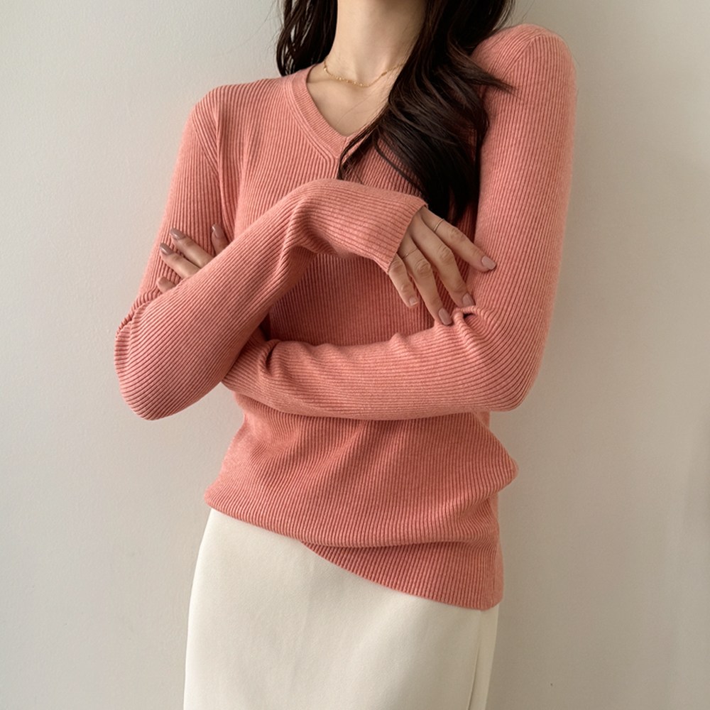 Daily & Cherish 14 colors soft basic V-neck women's cashmere knit tee ribbed inner daily