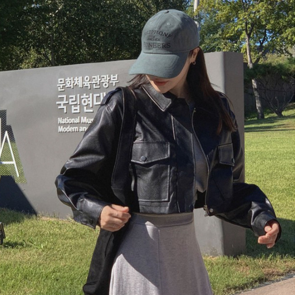 Opened Her Forward Cropped Leather Jacket Overfit Rider Jacket Fall Leather Jacket Big Pocket Leather Jacket