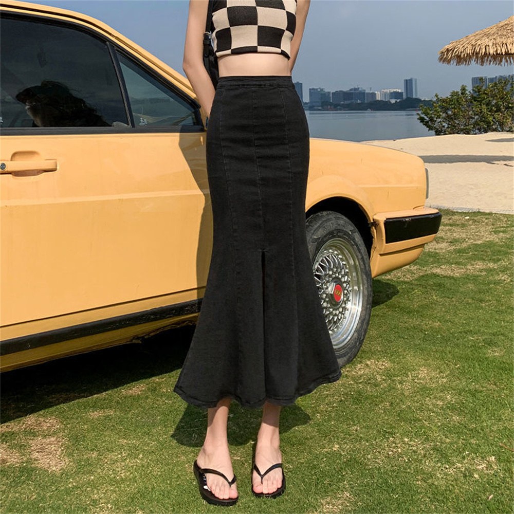 besteffie denim skirt women's high waist mermaid line skirt fashion casual denim long skirt E55