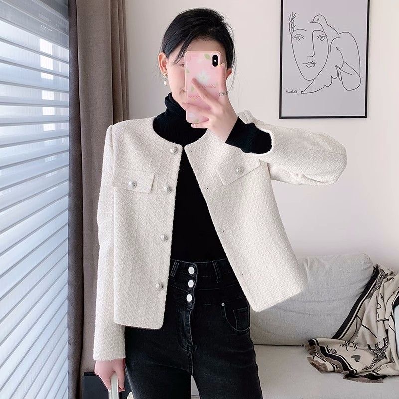 Fashion Gori Women's Round Daily Basic Tweed Jacket H1029
