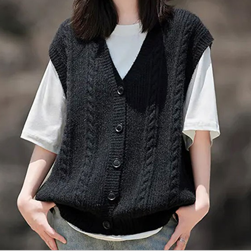Kdragon Women's Spring/Fall V-neck Twisted Knit Vest Loose Fit Knit Vest