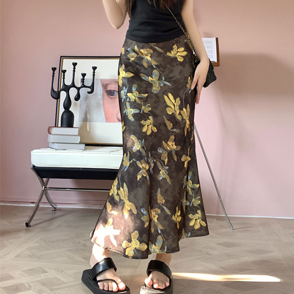 Michael Rosette MC0115 Flower Printing Mermaid Satin Long Skirt