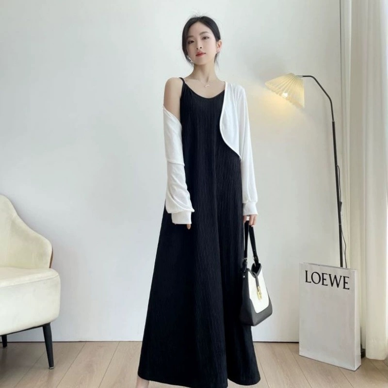 Women's tank top long dress pleated loose fit sleeveless plain string tank top N-0040