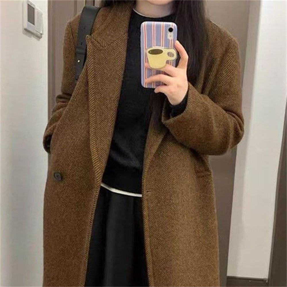 Jijonbo Women's Long Coat Fall Winter Wool Blend Herringbone Pattern Classic Single Button Oversized Coat