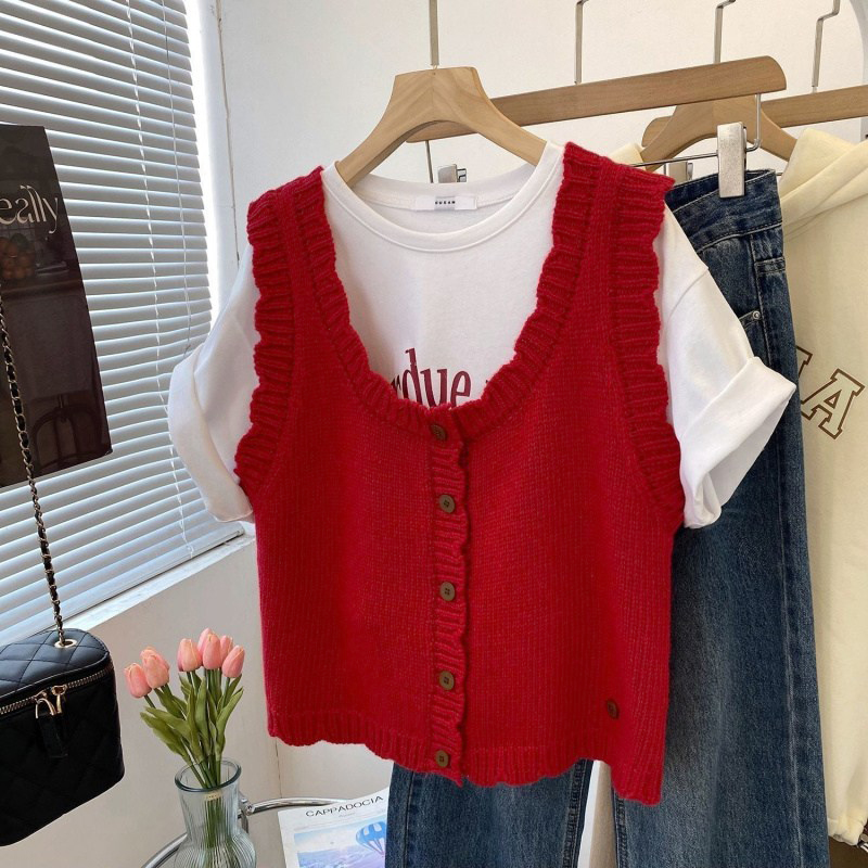 Happy Distribution Women's Casual Vest Wide Shoulder Straps Button Design Elastic Knit Vest XG03