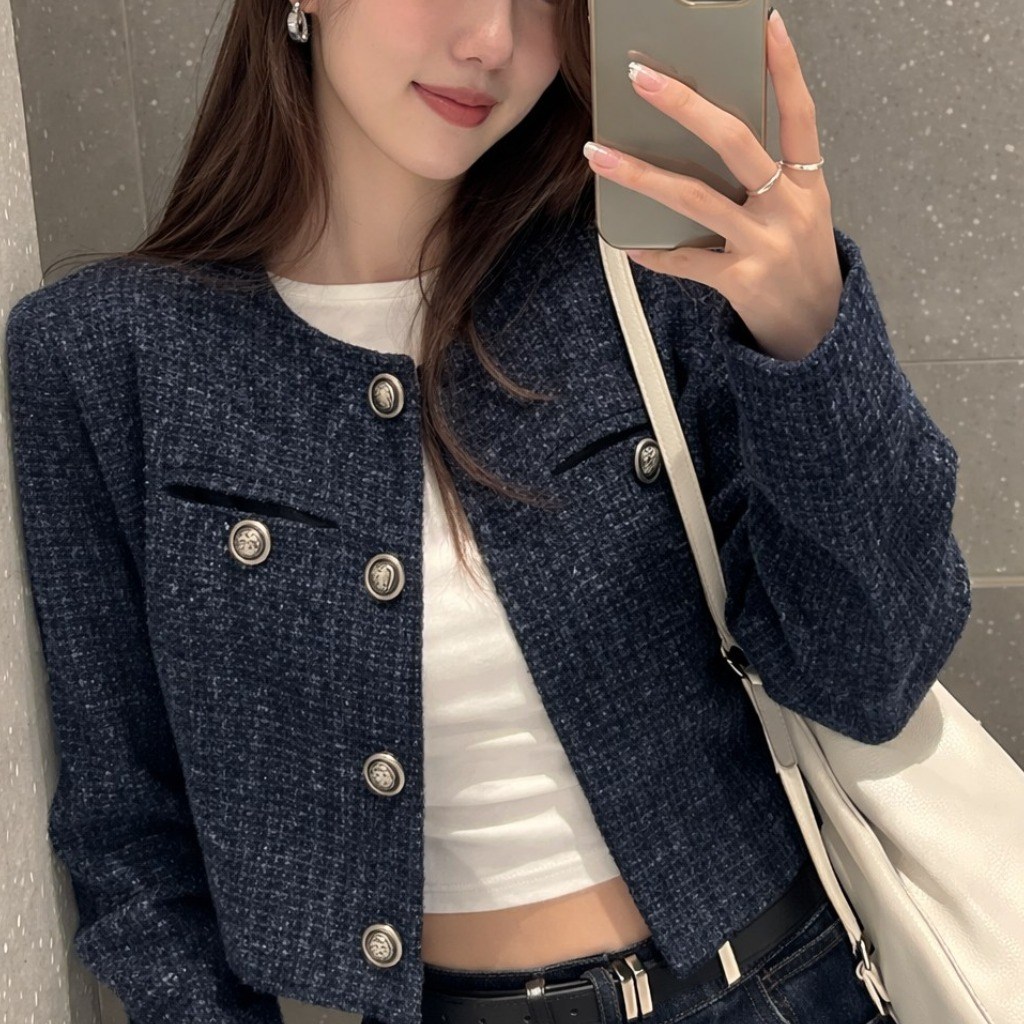 Janeo Tweed Jacket Women's Round No-collar Jacket Sammy Crop Long Sleeve Jacket