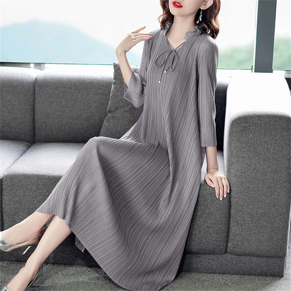 TKX Women's Spring Autumn Three-quarter Sleeve Pleated Dress Elegant Long Dress Big Size Mom Clothes