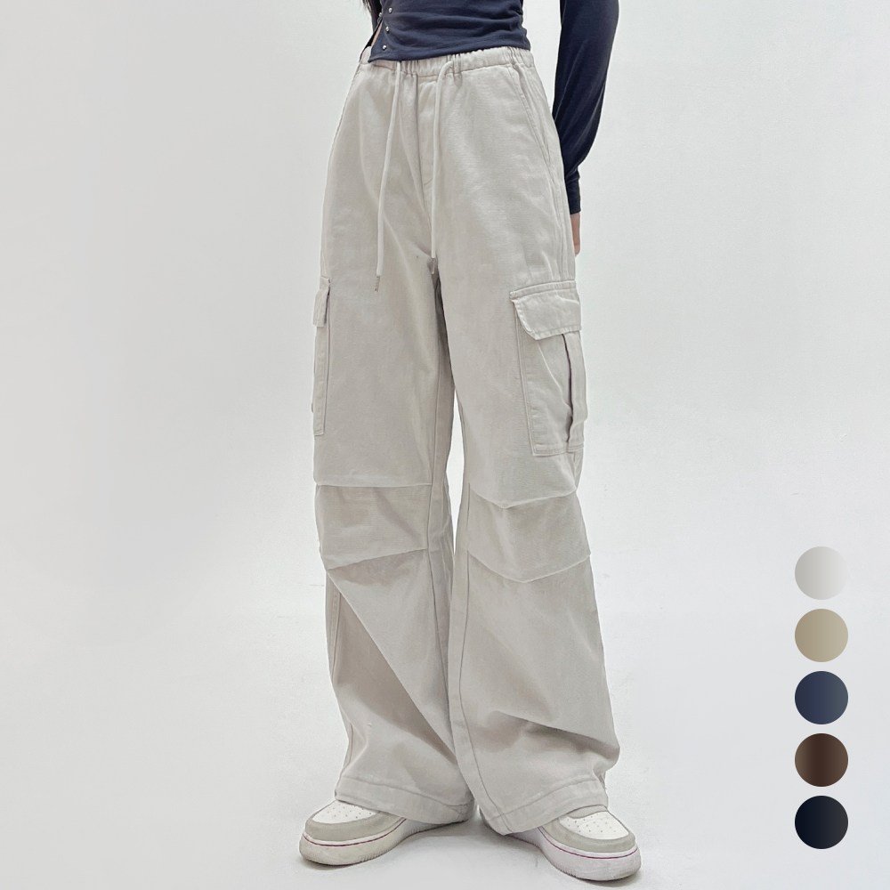 Komodo Jeans Women's Wide Cargo Cotton Pants Waist Banding Hem String Two Pintuck Jogger Pants (2-length length)