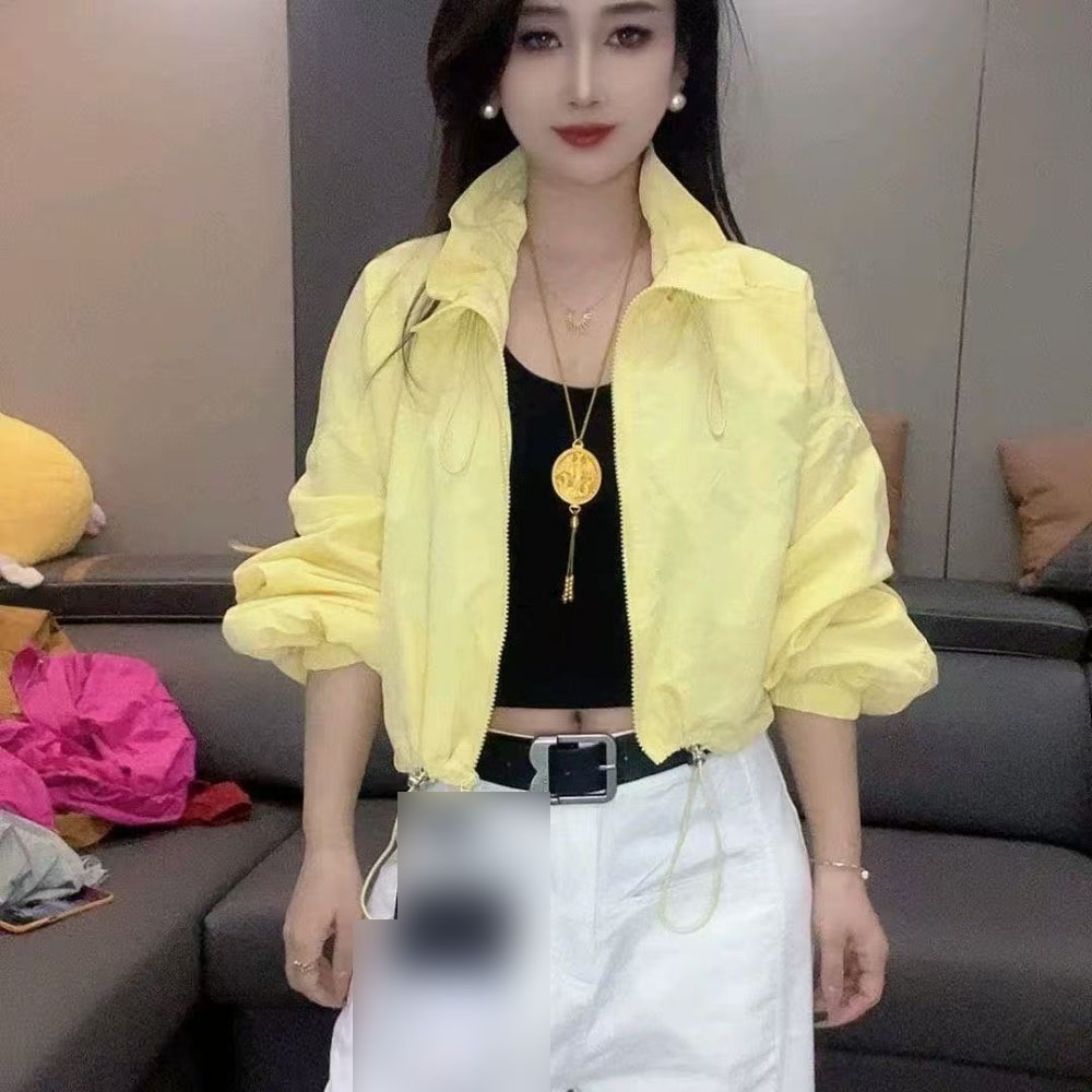 Jigodag Women's Spring Summer Collar Neck Crop Jumper Loose Fit Zipper Hem String Casual Thin Jacket BYA457