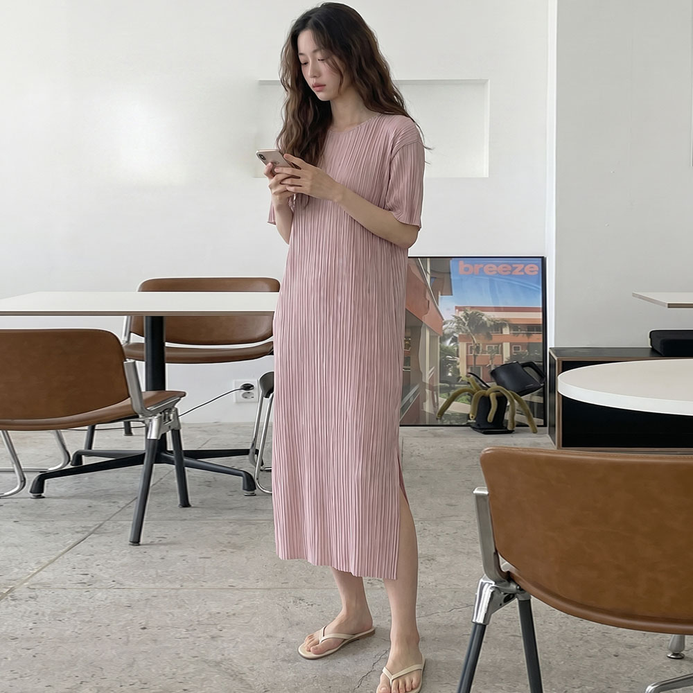 Lunea pleated short sleeve long dress P000BOPG