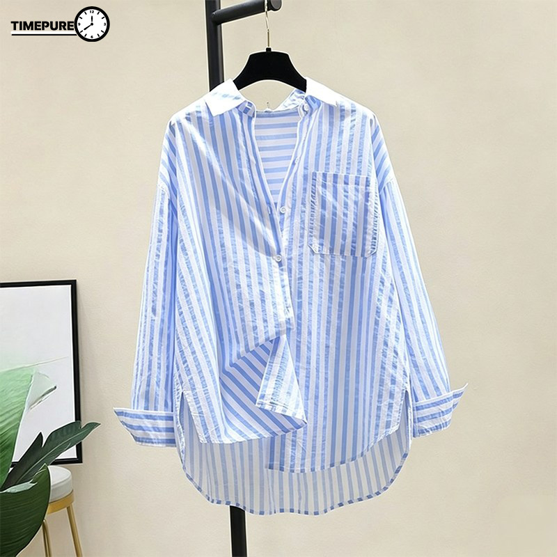 TIMEPURE Women's Spring Summer Long Sleeve Shirt Casual Vertical Striped Loose Fit Shirt Women's Going Out Tops