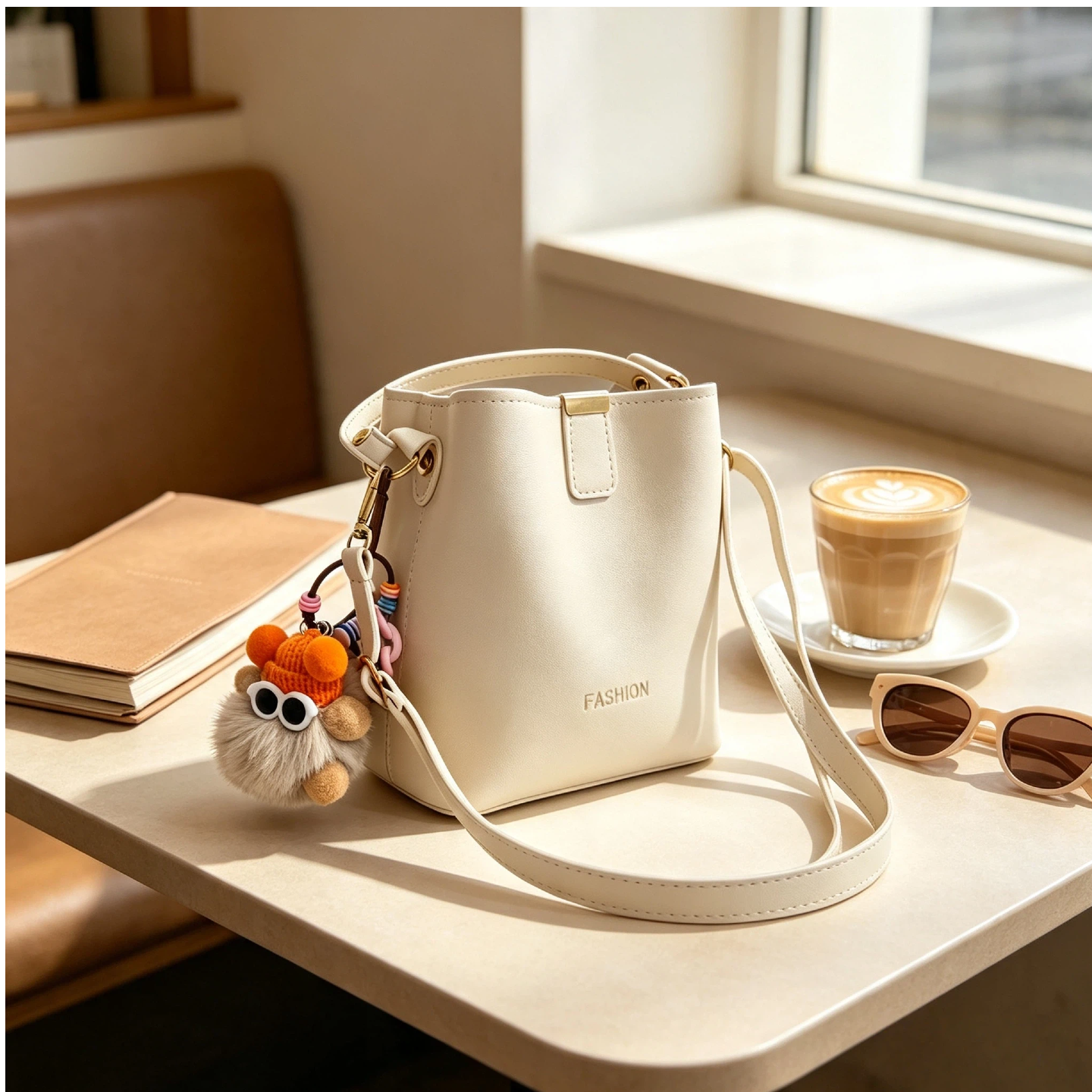 Women's bucket bag, daily shoulder crossbag with removable character charm