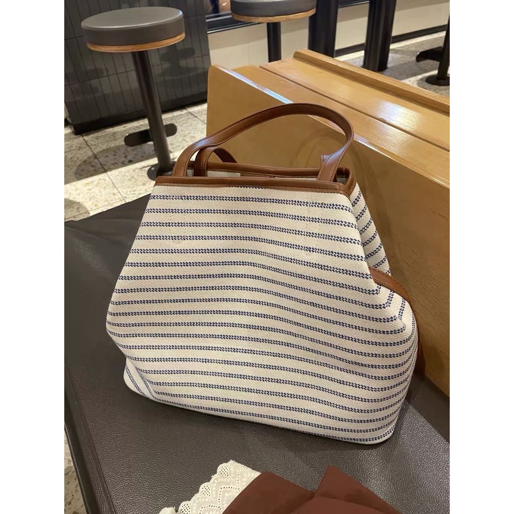 Women's Striped Canvas Tote Bag Big Size Shoulder Bag Daily Bag