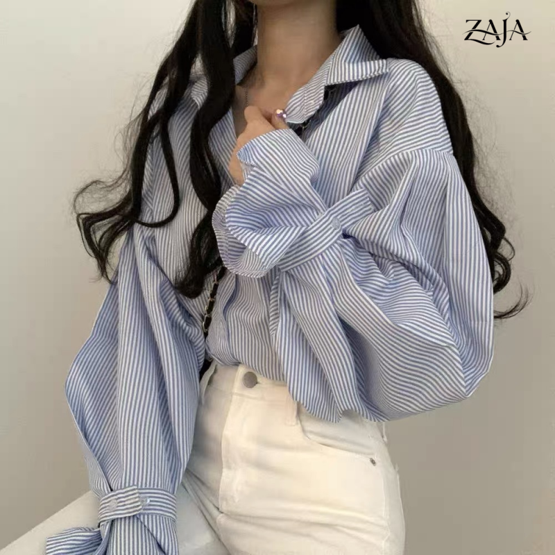 ZAJA Women's Striped Shirt Long Sleeve Collar Southern Loose Fit Daily Blouse