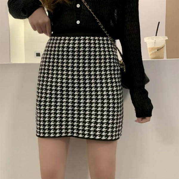 Women's houndstooth checked miniskirt A-line banding short skirt