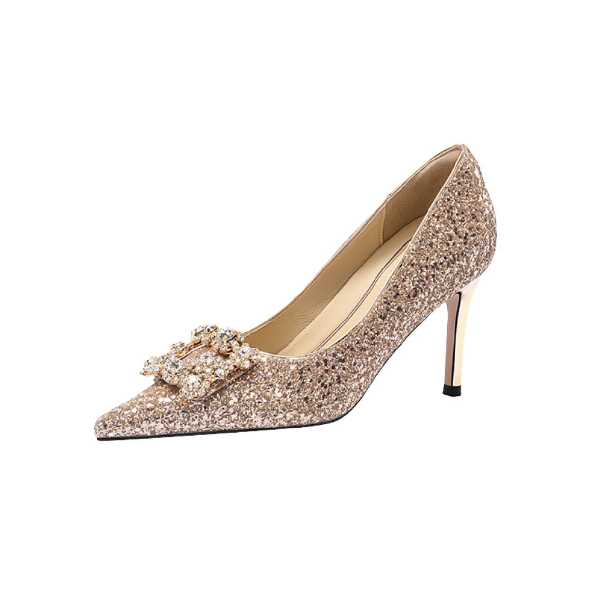 [WUDASHU] Air cushion crystal buckle glitter high heels pointed toe stiletto comfortable women's shoes wedding shoes wedding guest look party heels gold glitter jewel decoration pointed nose cushion insole painless pumps