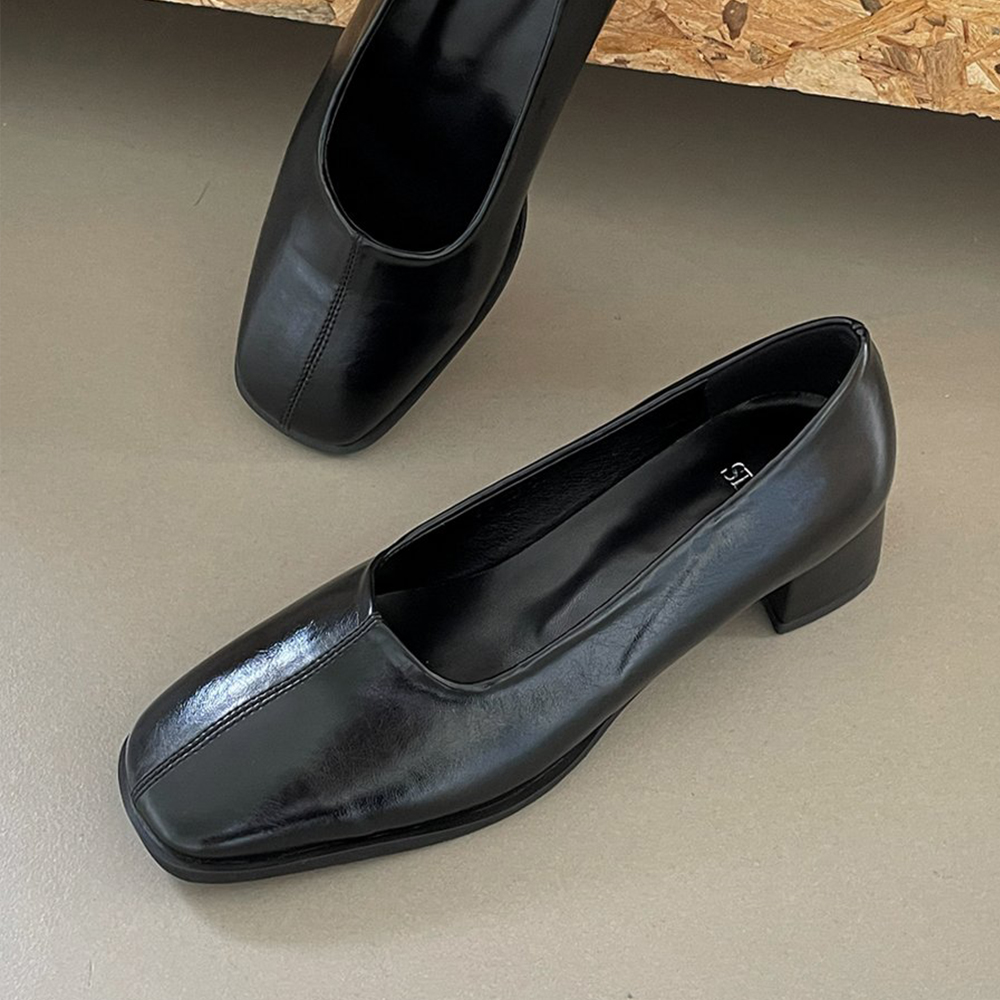 Glossy Square Loafer Heel Stitched Chunky Heel Pumps