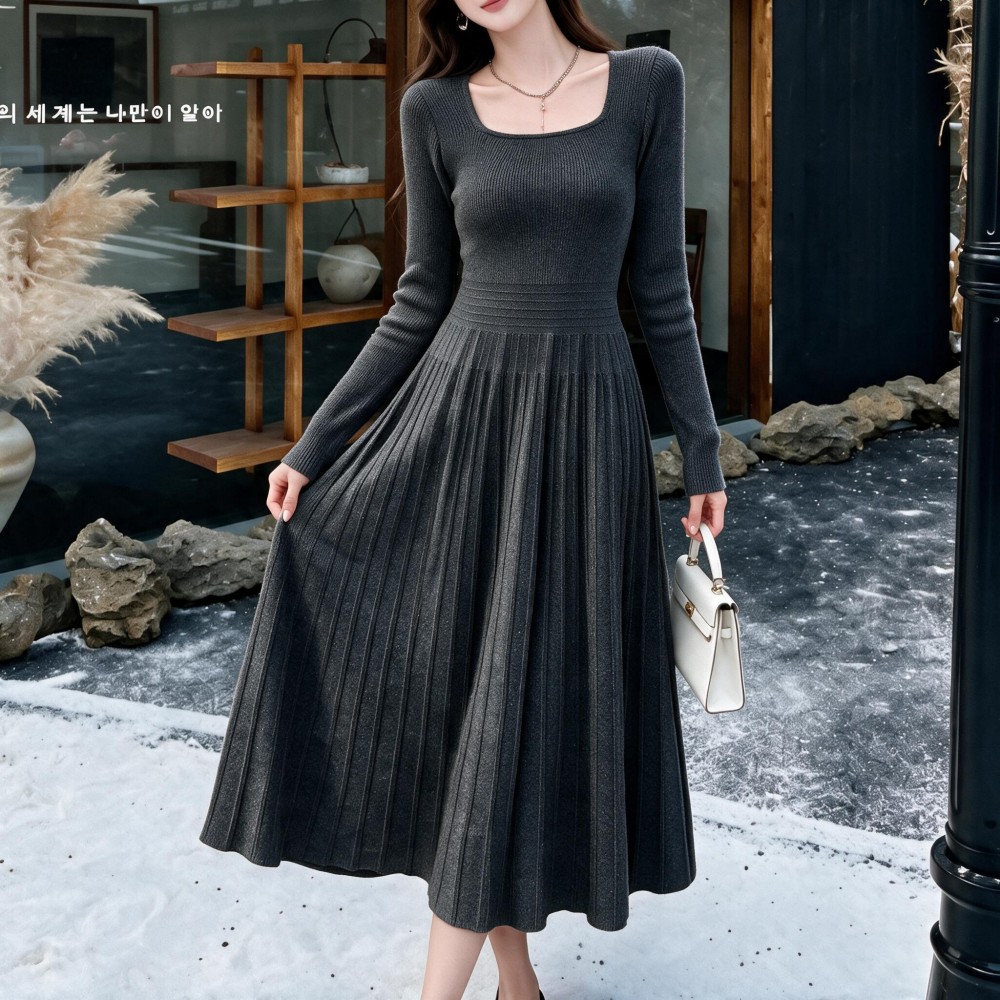 Aimiri Vera square neck long sleeve pleated long knit dress waist tightening pleated knit dress
