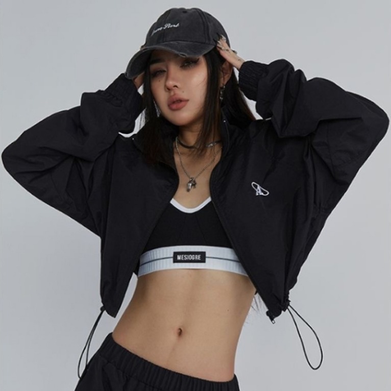 Peerist sporty cropped string zip-up windbreaker jacket