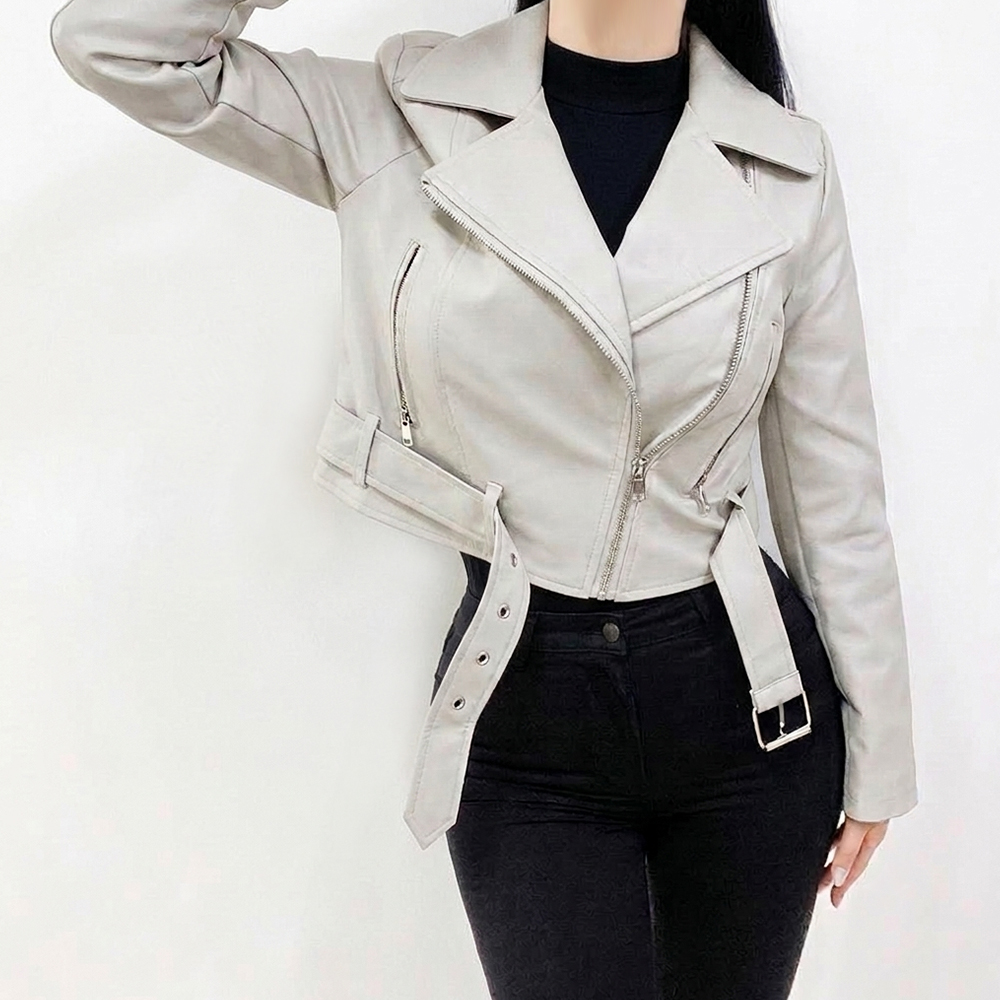Out of stock imminent daily crop rider jacket 1 color beige spring and fall interseasonal artificial leather leather belt women's outerwear short rider