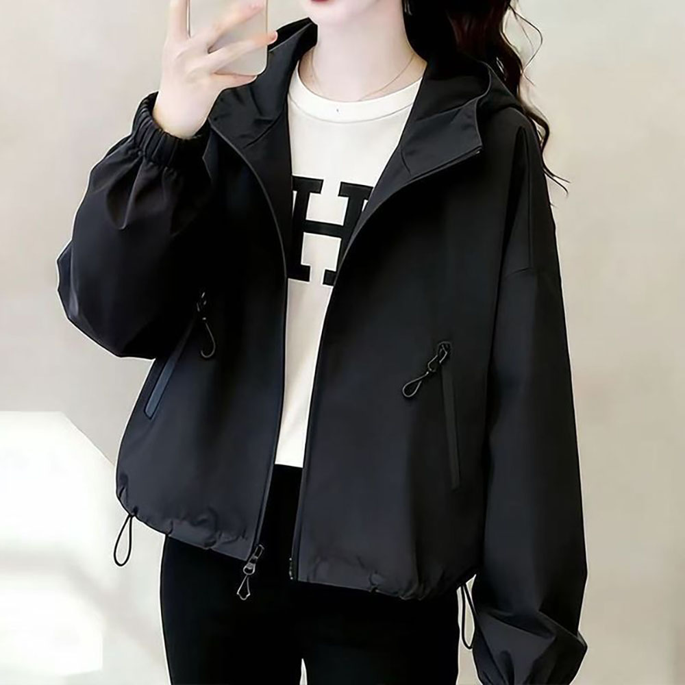 Women's Hooded Zip-Up Crop Fit Windbreaker Jacket
