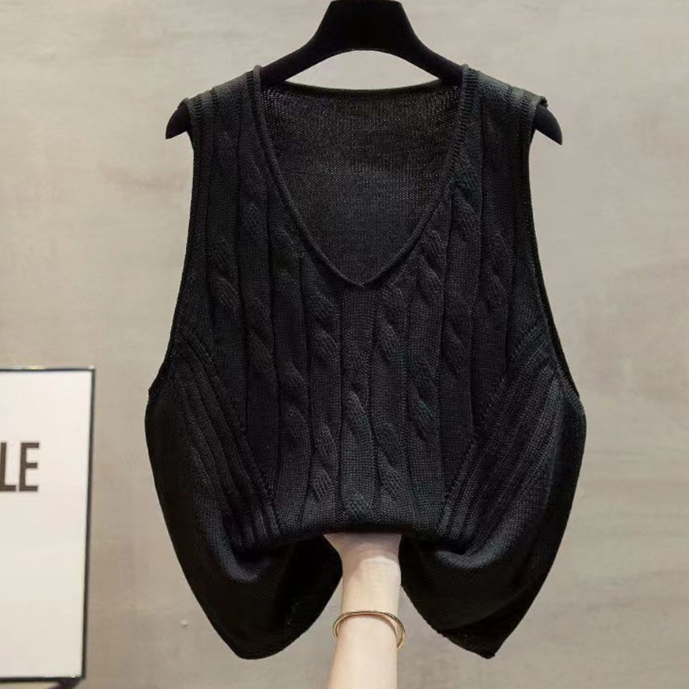 VEZRI Women's Spring Autumn Twisted Knit Vest Loose Fit Sleeveless Sweater Vest Casual Daily Knit Top