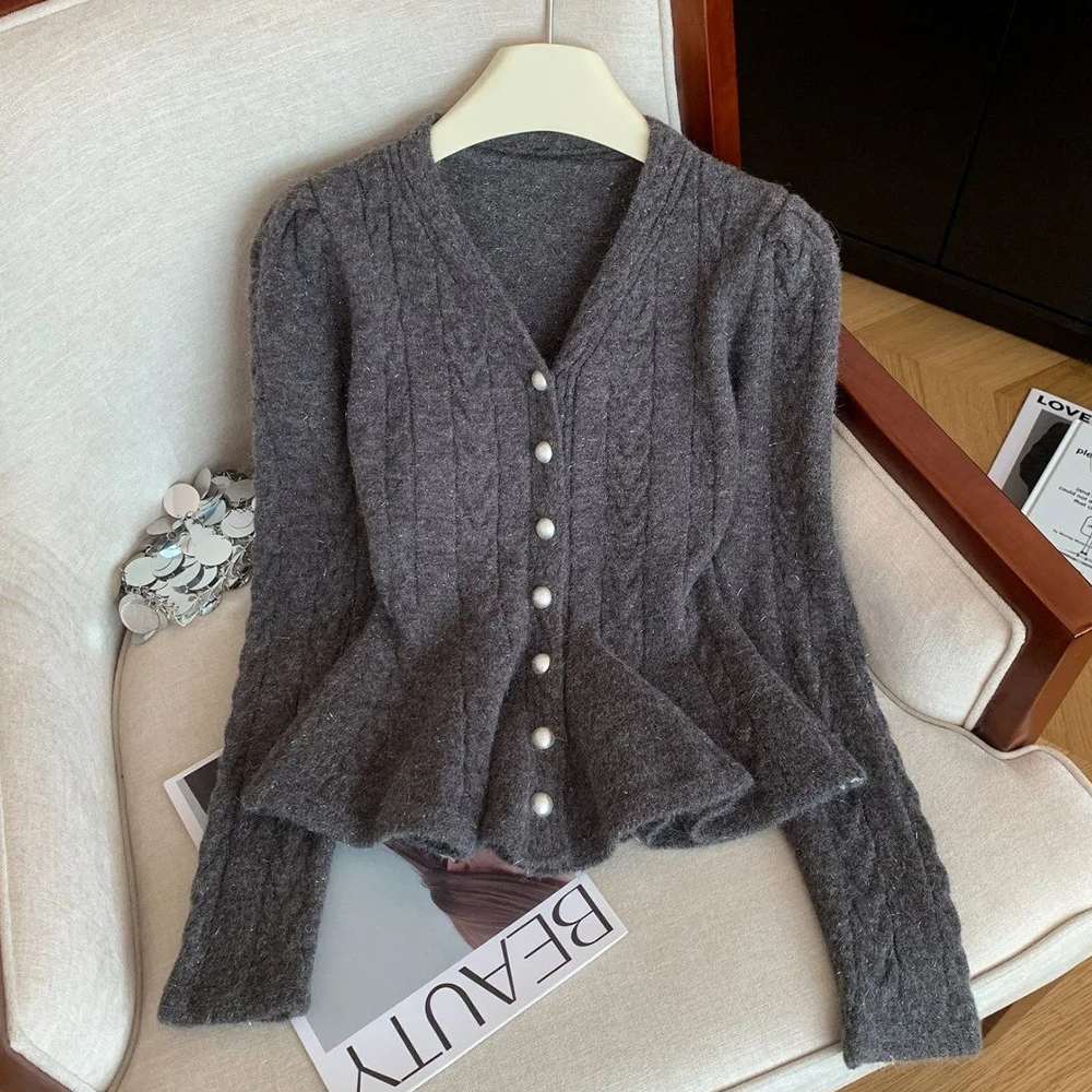 EKEDO Women's Twist V-neck Long Sleeve Slim Fit Waistline Frill Hem Button Knit Cardigan