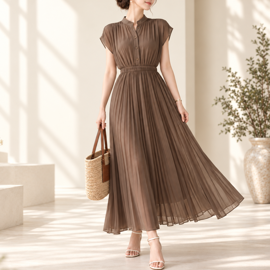 Rumarenne spring fall wedding guest look chiffon pleated long dress brown banding