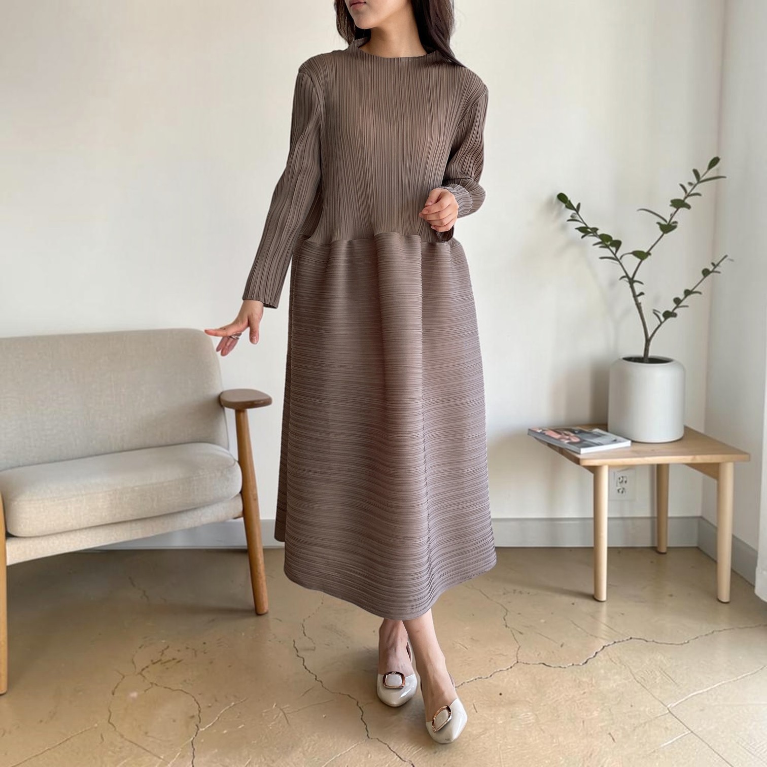 [Pleats You Genuine] Tulip volume high neck long sleeve long pleated dress wrinkles women's madam mom gift spring fall