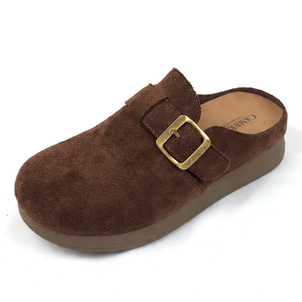 Suni's Shoe Store Women's Suede Buckle Bloafer Comfortable Cushion Light High Heel Slipper Mule 4cm