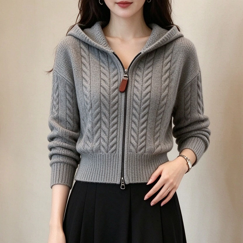 FANSYLI Women's Hooded Knit Cardigan Fall Winter Slim Fit Knit Zip-up Jacket Twist Short Knit Cardigan Daily Casual Long Sleeve Sweater Outerwear Tops W2610O05