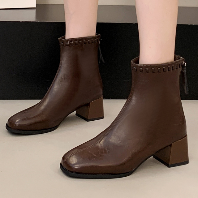 Mernatu Self-Produced Square Toe Natural Crack Unique Stitching Women's Middle Ankle Boots MEA33