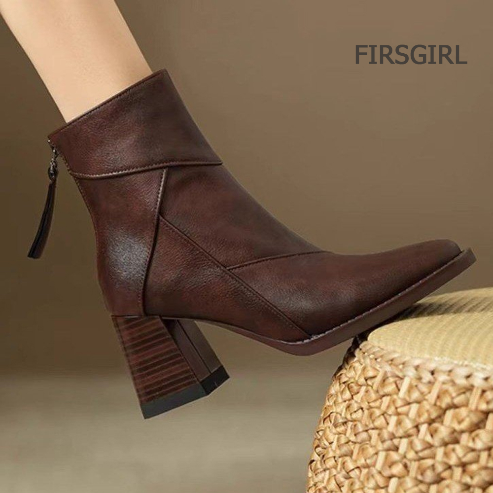FIRSGIRL Women's Winter Square Toe Ankle Boots Back Zipper Thick Heel Short Boots