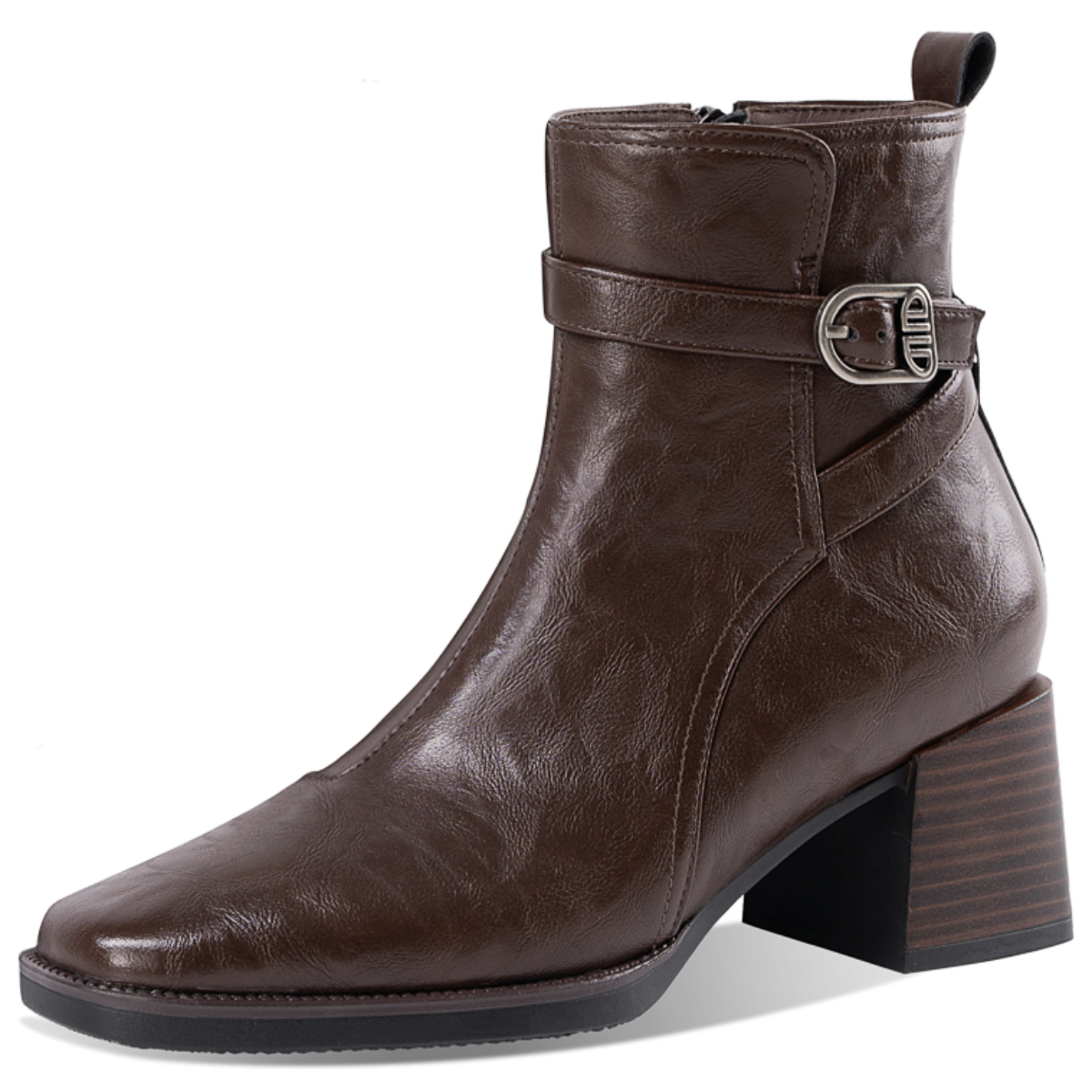 [WUDASHU] Black glossy crinkle square toe buckle ankle boots middle heel chic fall winter daily