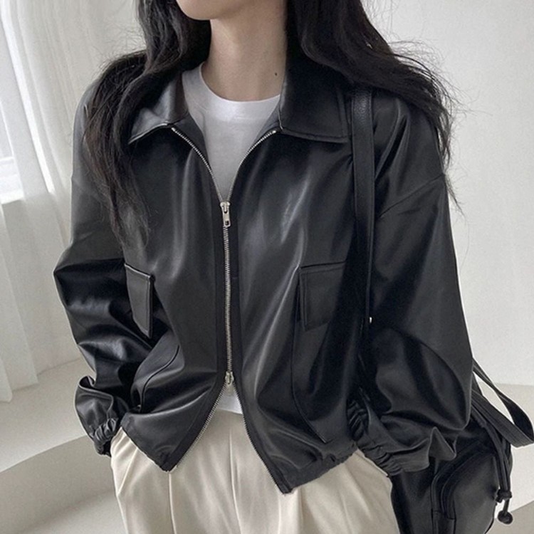 Women's Modern Collar Neck Loose Fit Crop Zip Up Leather Jacket Rider Spring Fall Interseasonal Daily Look Dumble