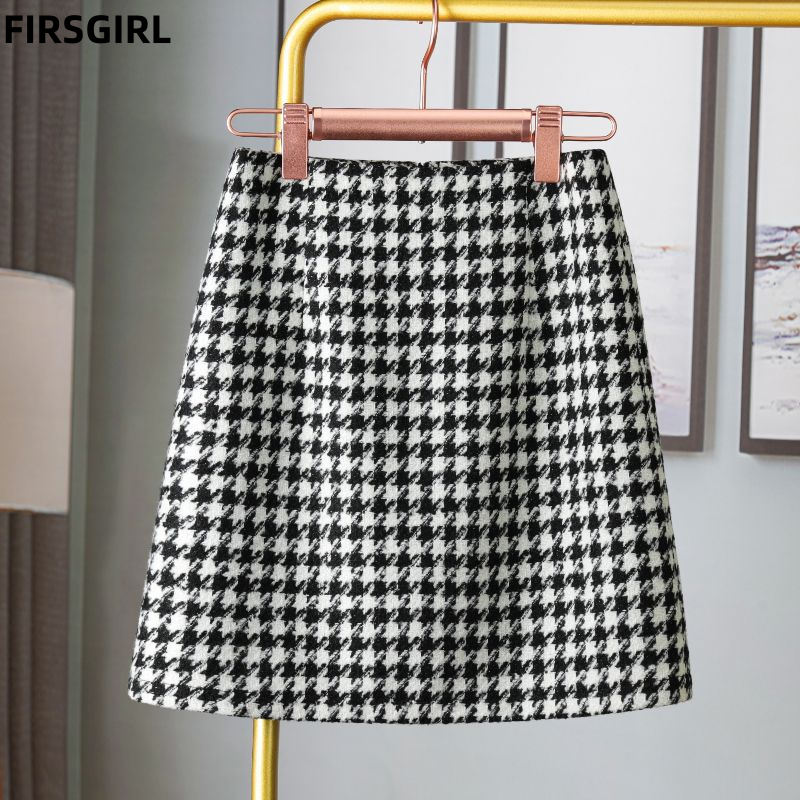 FIRSGIRL Women's Houndstooth Mini Skirt A-Line Black White Check Pretty Skirt