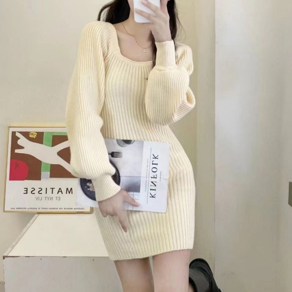 5 colors tight knit ribbed slim line square neck mini dress new326uU
