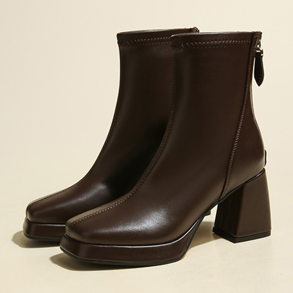 FIRSGIRL 7.5cm heel women's fall winter brushed square toe Gaboshi chunky heel ankle boots