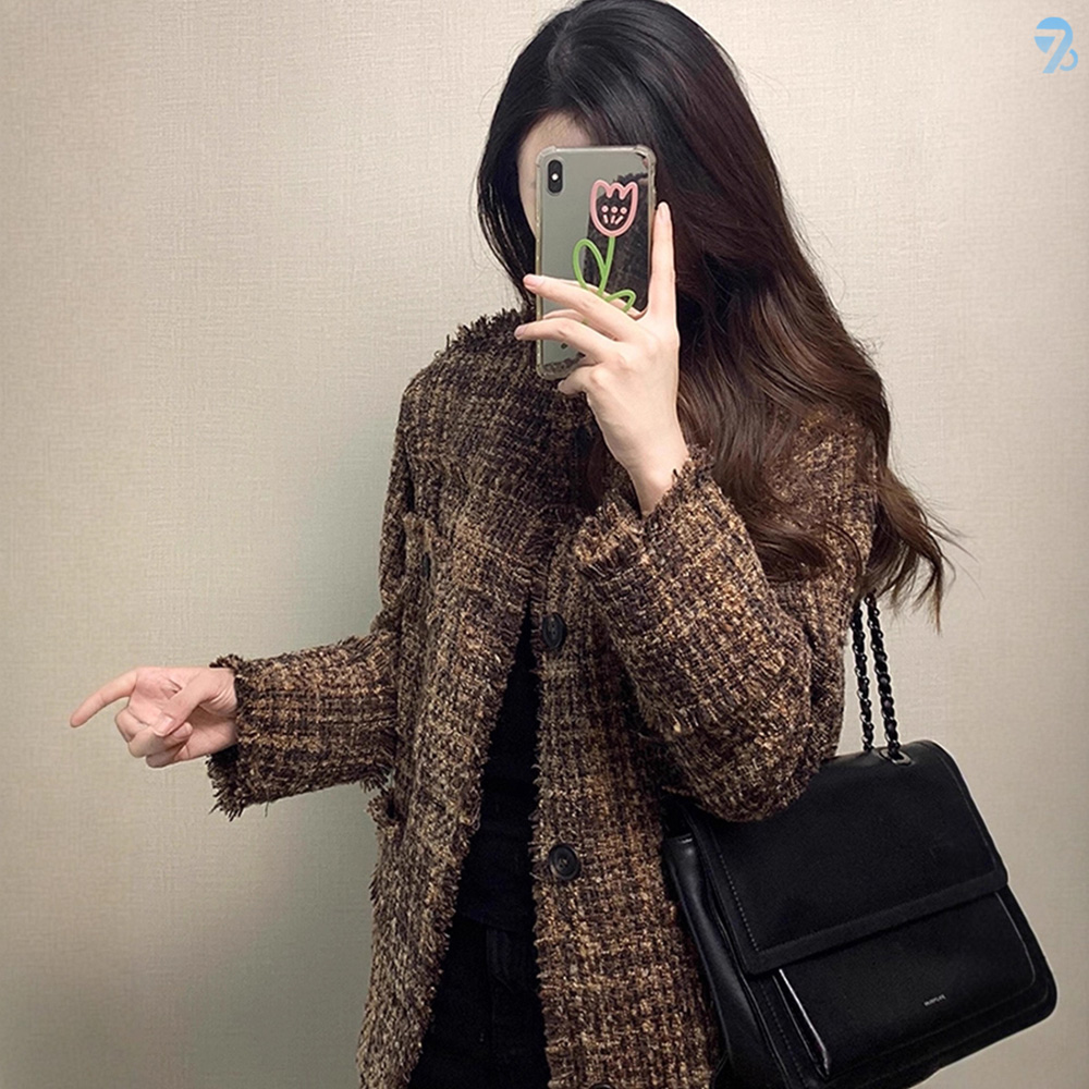 708090 Women's Round Neck Blend Tweed Jacket