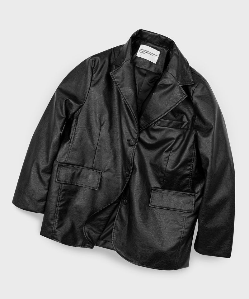 PLACE STUDIO Crack Overfit Single Button Blazer Leather Jacket [Black]