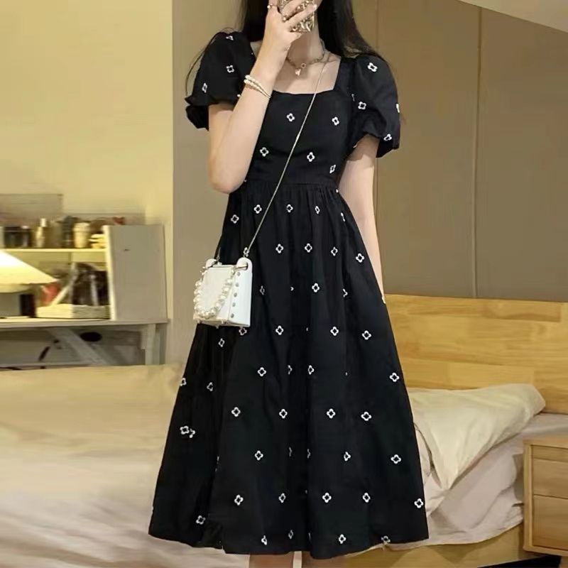 Linen dress puff women's square neck long dress slim waist skirt black white flower