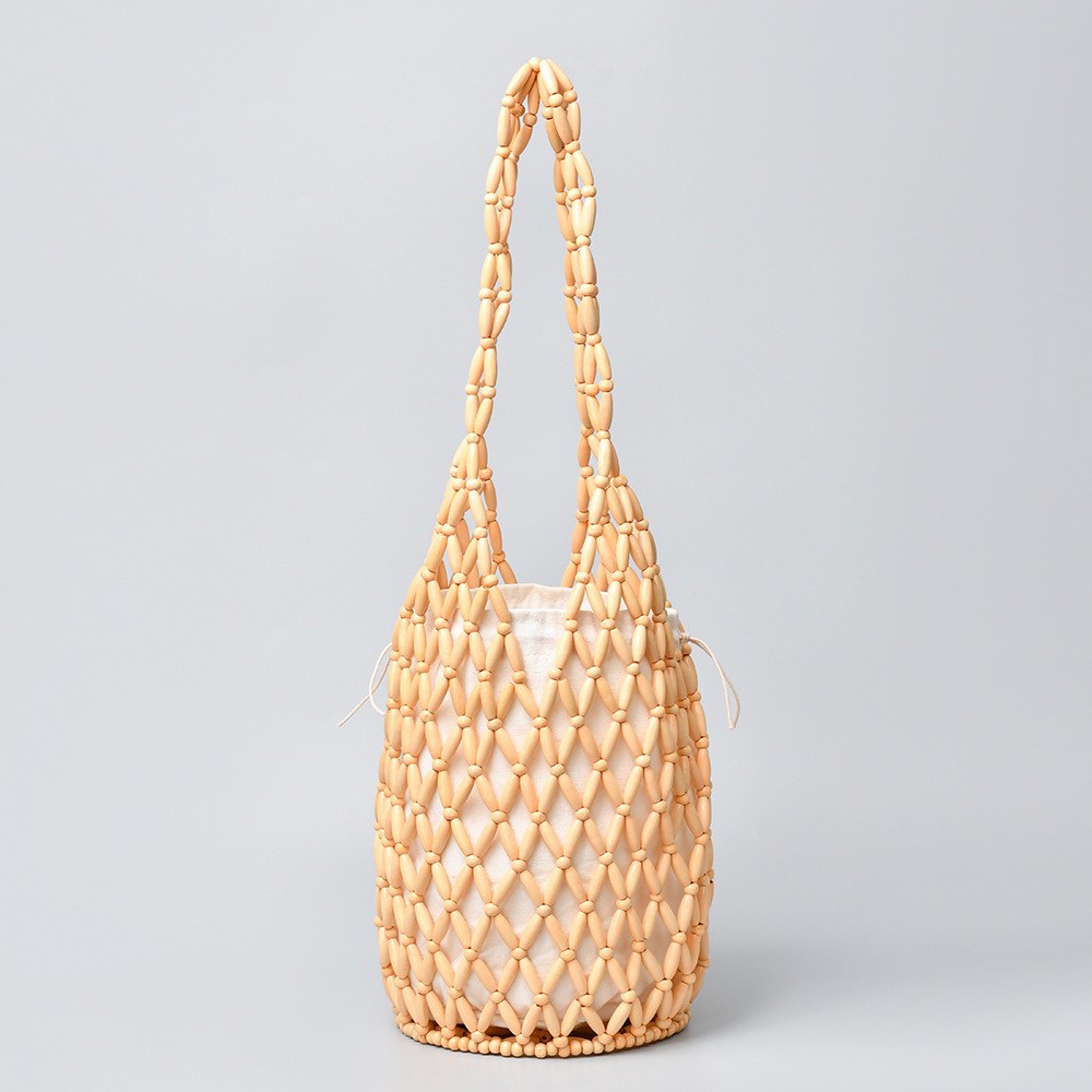 Women Summer Bucket Bag Woven Hollow Wood Bead Shoulder Bag Crossbody Bag Stylish Ethnic Style Tote