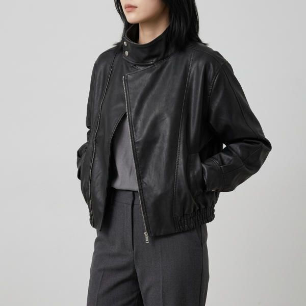 SUPERSUB [Taeyang PICK] High neck cropped rider leather jacket-washed black