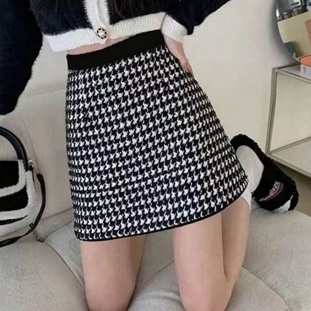 Banding houndstooth skirt classic mini check mini skirt daily winter banding houndstooth