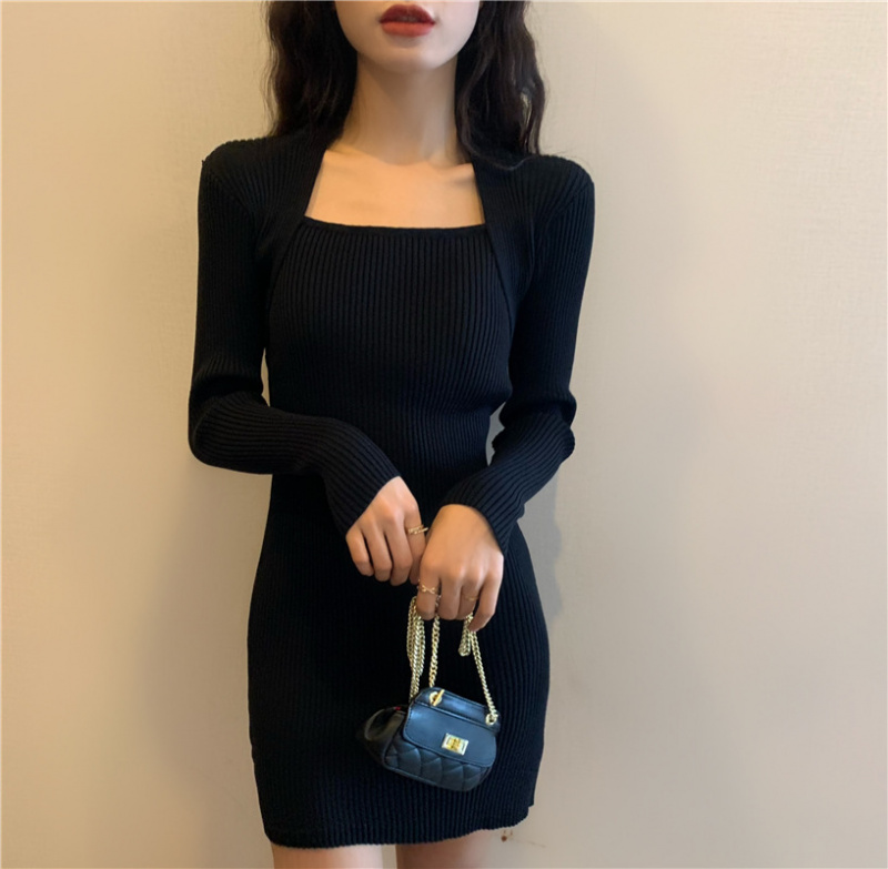 Elanoir Women's Fall Winter Square Neck Slim Fit Knit Dress