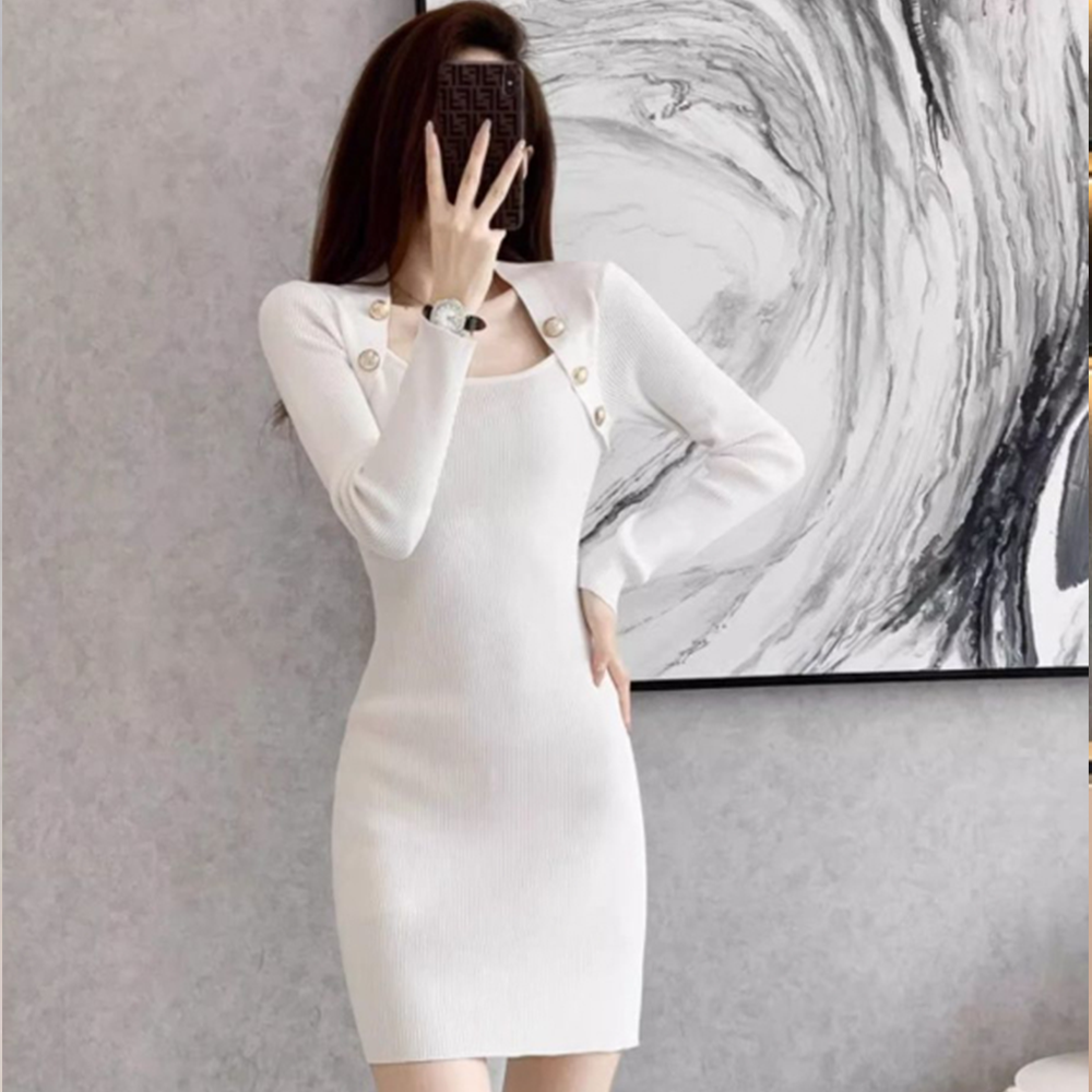 TKX Women's Knit One-Piece Slim Fit Button Point Long Sleeve Square Neck Trendy Style