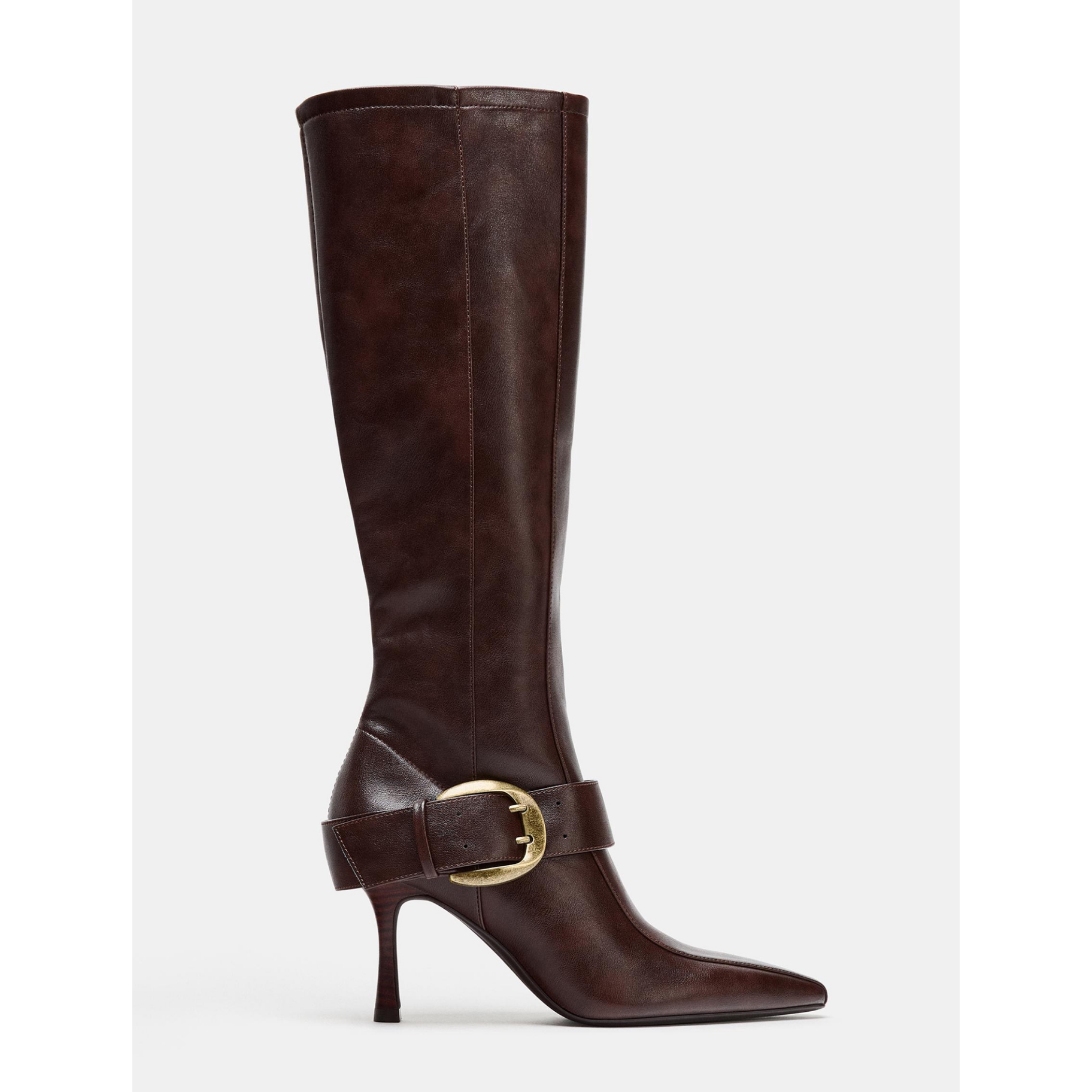Zara Women's Pointed Toe Belt Buckle Stiletto Heel Long Boots Brown High Shaft Boots