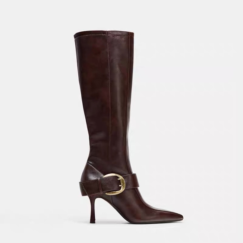 Zara Women's Pointed Toe Metal Buckle Stiletto Heel Long Boots Chocolate Brown High Shaft Boots